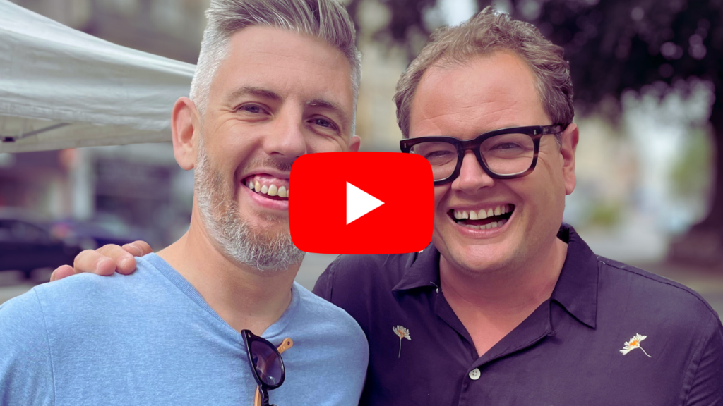 Noel Halligan with Alan Carr during the BBC Interior Design Masters filming at NOCO Hair in Bristol.