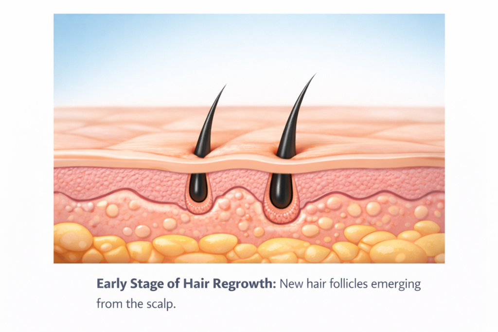 Conceptual image of healthy hair growth at the scalp, showing thicker hair strands and the role of biology and genetics in hair regrowth.
