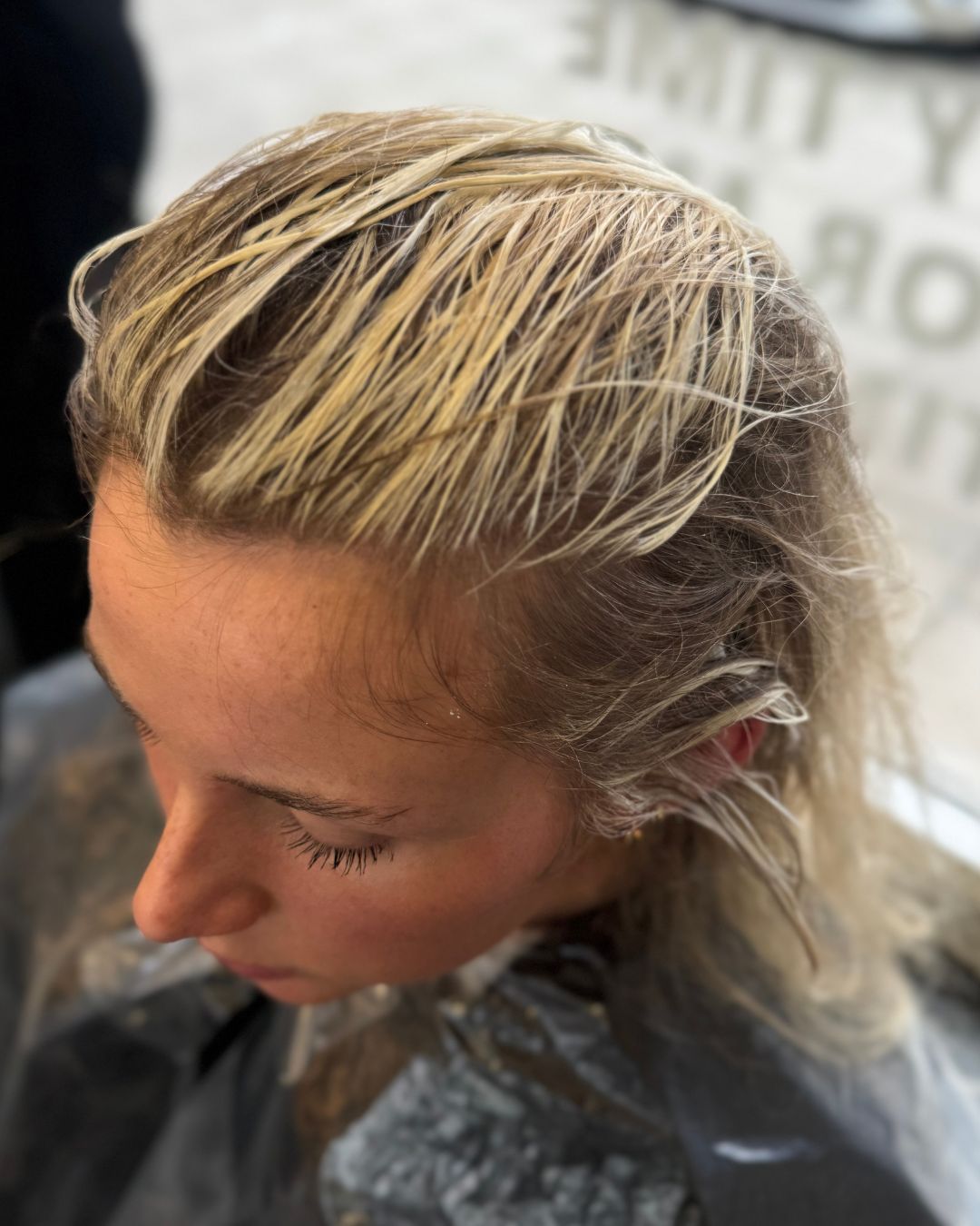 Highlights after foils removed showing lift before toning at NOCO Hair Bristol