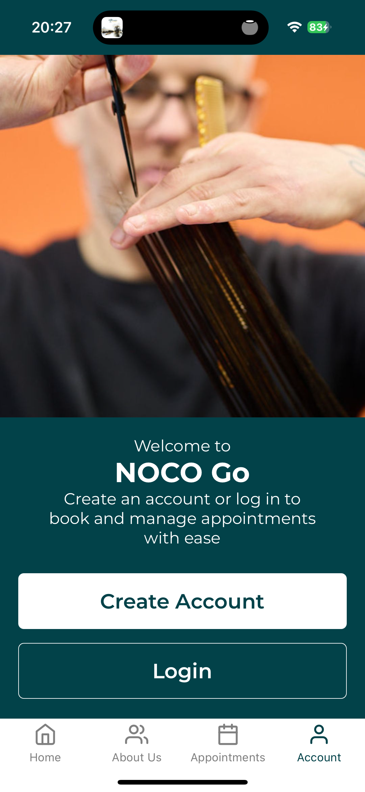 NOCO Go app account screen with Create Account and Login options, NOCO Hair Bristol