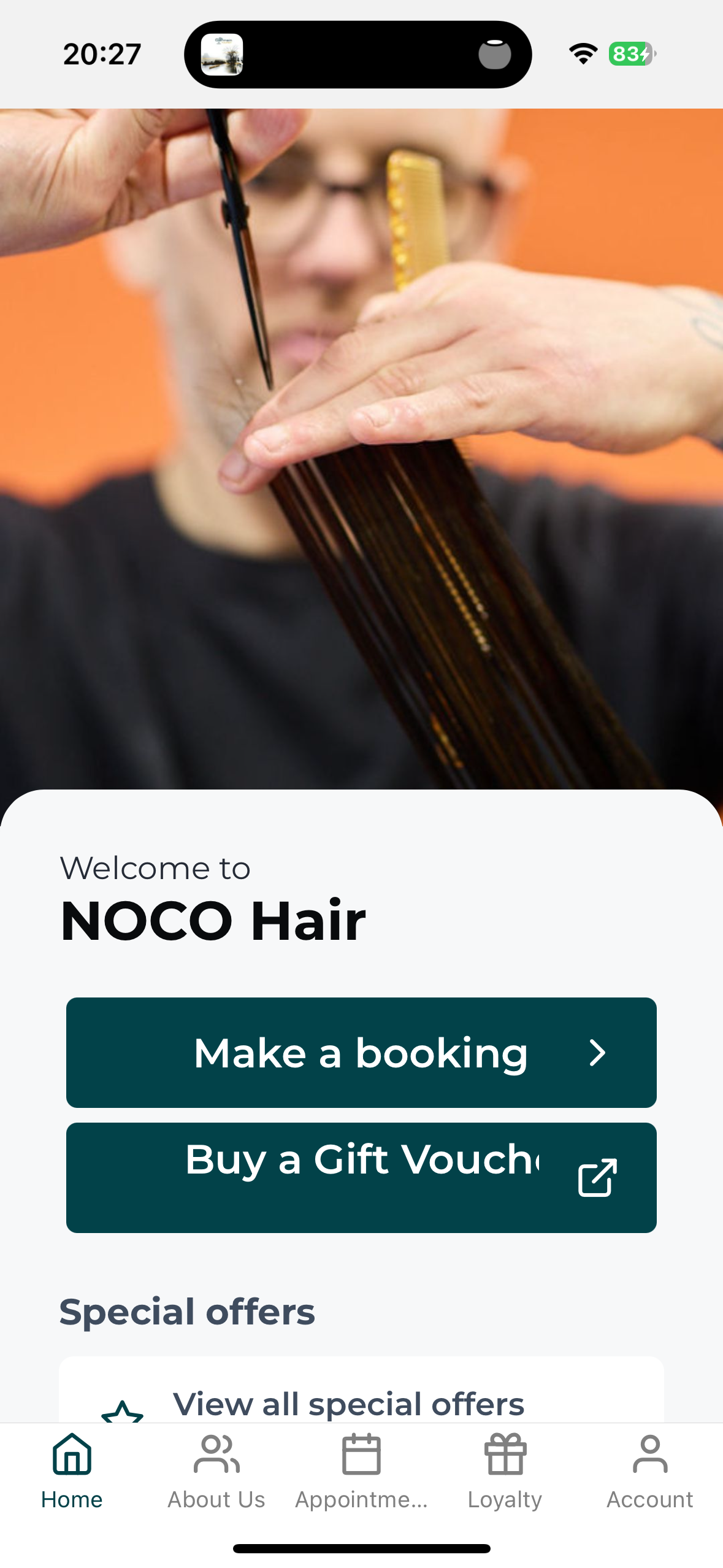 NOCO Go app home screen showing the Make a booking button, NOCO Hair Bristol